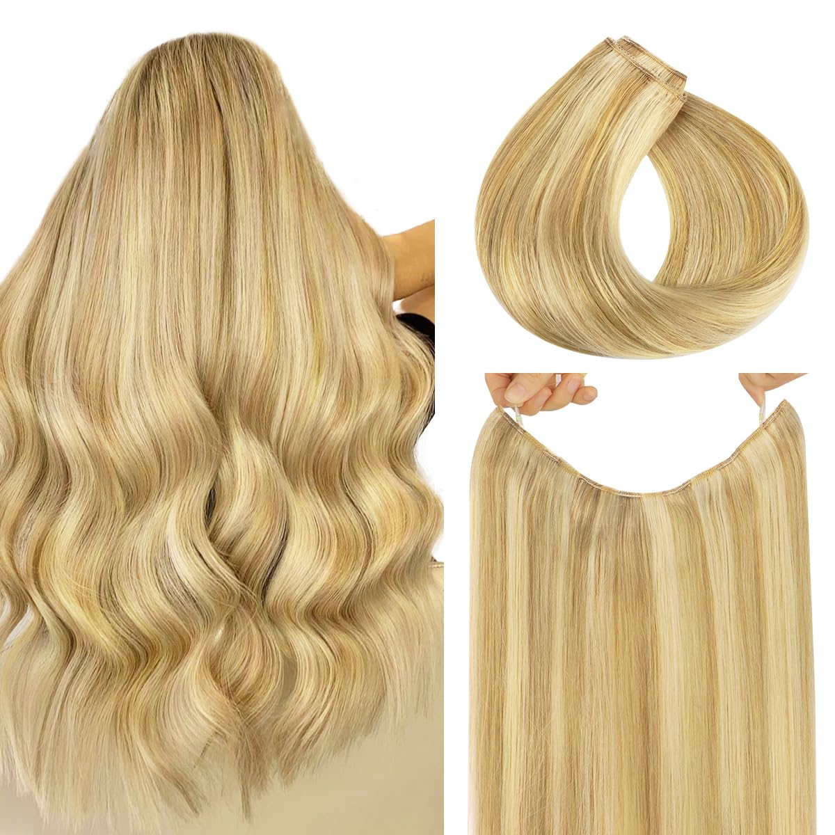 HOTBANANA Wire Hair Extensions, 18 inch 95g Light Blonde Highlighted Golden Blonde Fish Line Real Human Hair Straight Invisible