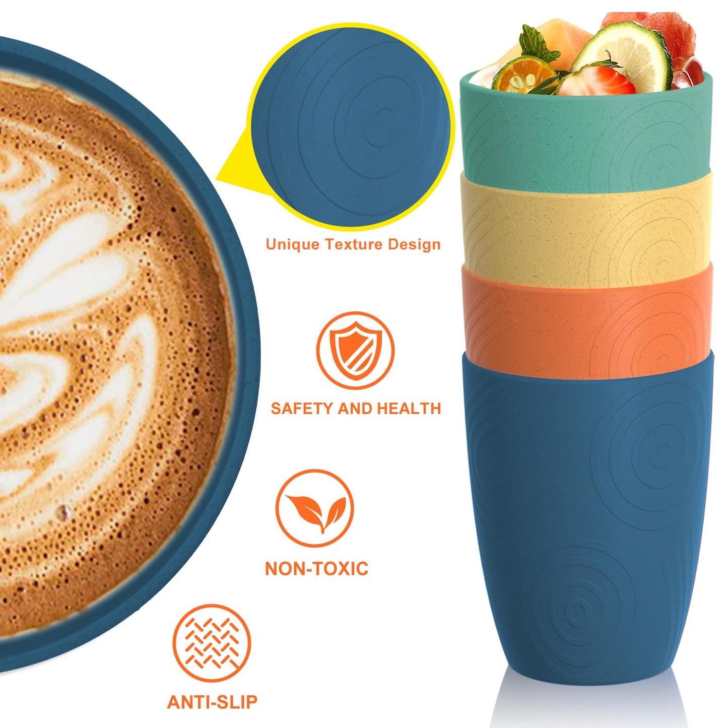 Homienly Wheat Straw Cups Alternative to Plastic Cups Set of 4 Premium Drinking Glasses - 12 OZ, Unbreakable Drinking Cups, Dishwasher & Microwave Safe Tumbler Cups for Kitchen, Kids, Picnic - Multi