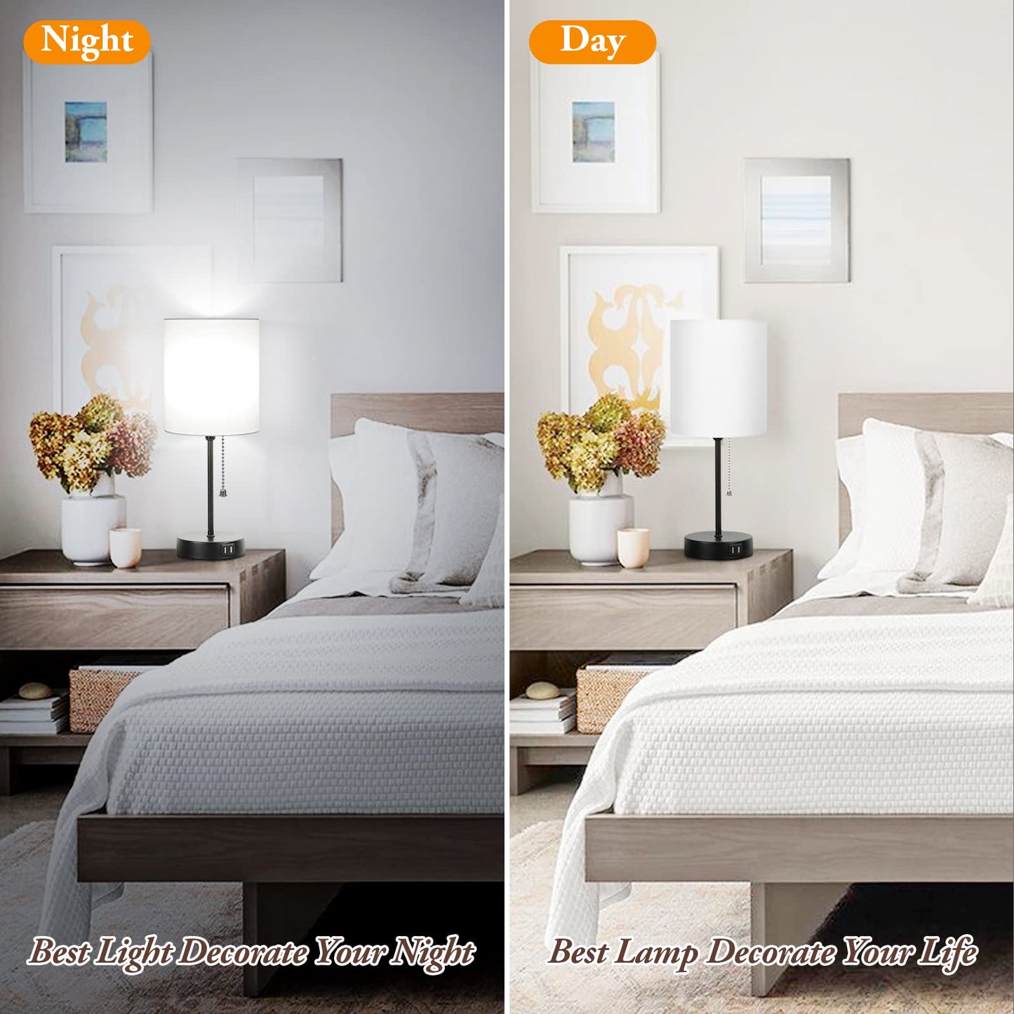 Bosceos Table Lamps Set of 2 with USB Charging Ports, White, AC Outlet, Pull Chain Switch, Model HRP-TSH06C