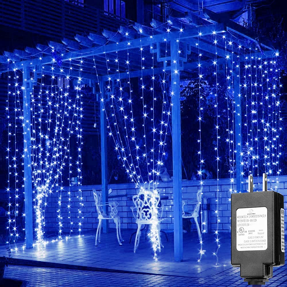 Solhice LED Curtain Lights, 600 LEDs, 20ft x 10ft, Blue, Indoor/Outdoor, Model BD-600-C-W-B