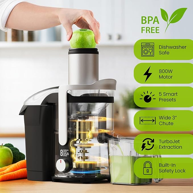 Eurolux Centrifugal Juicer Machine, Easy to Clean Juice Extractor with 3" Feed Chute for Less Cutting, Stainless Steel & BPA-Free
