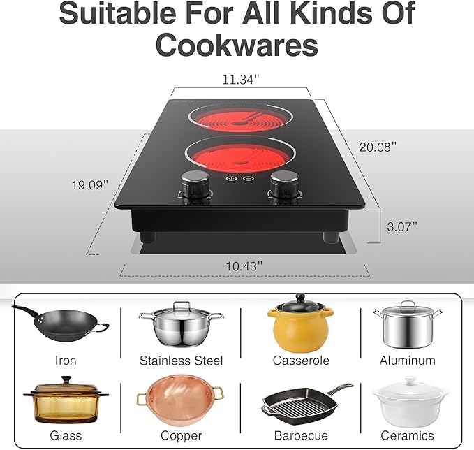 Electric Cooktop,110V 2100W Electric Stove Top with Knob Control, 10 Power Levels, Kids Lock & Timer, Hot Surface Indicator, Overheat Protection,Built-in Radiant Double induction cooktop