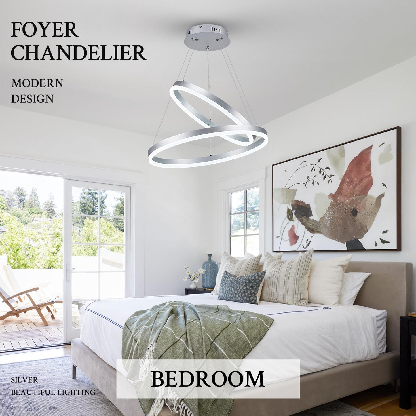 Sparklelf LED Chandelier Pendant Light, 2 Rings, Silver, Remote Control, Flush Mount, Model SL-BK-LED2R-SL197, 3000K-6500K