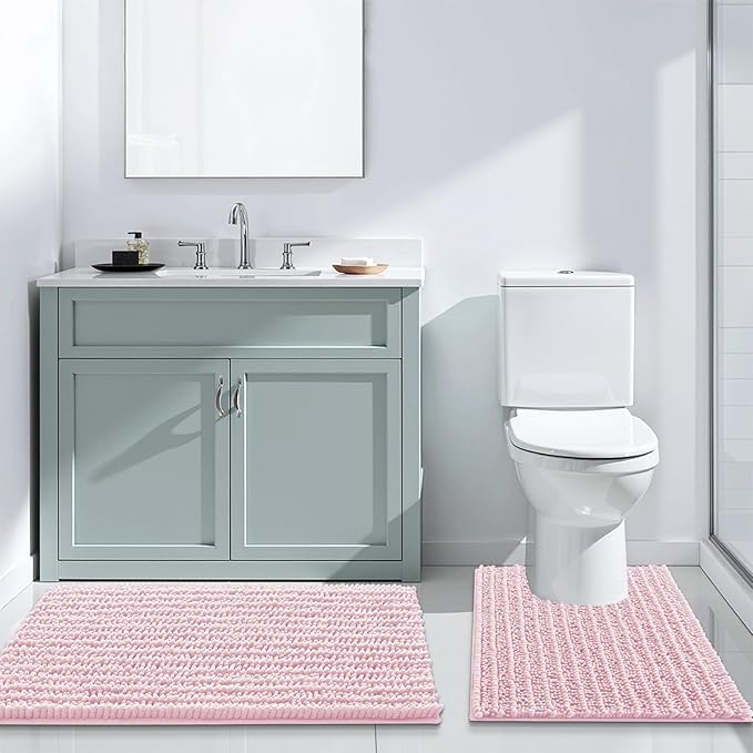 Arotive Luxury Chenille Bathroom Rug Mat, Extra Soft Thick Absorbent Shaggy Bath Rugs, Non-Slip Machine Wash Dry, Plush Bath Mats for Bathroom, Shower and Tub, 59x35, Pink