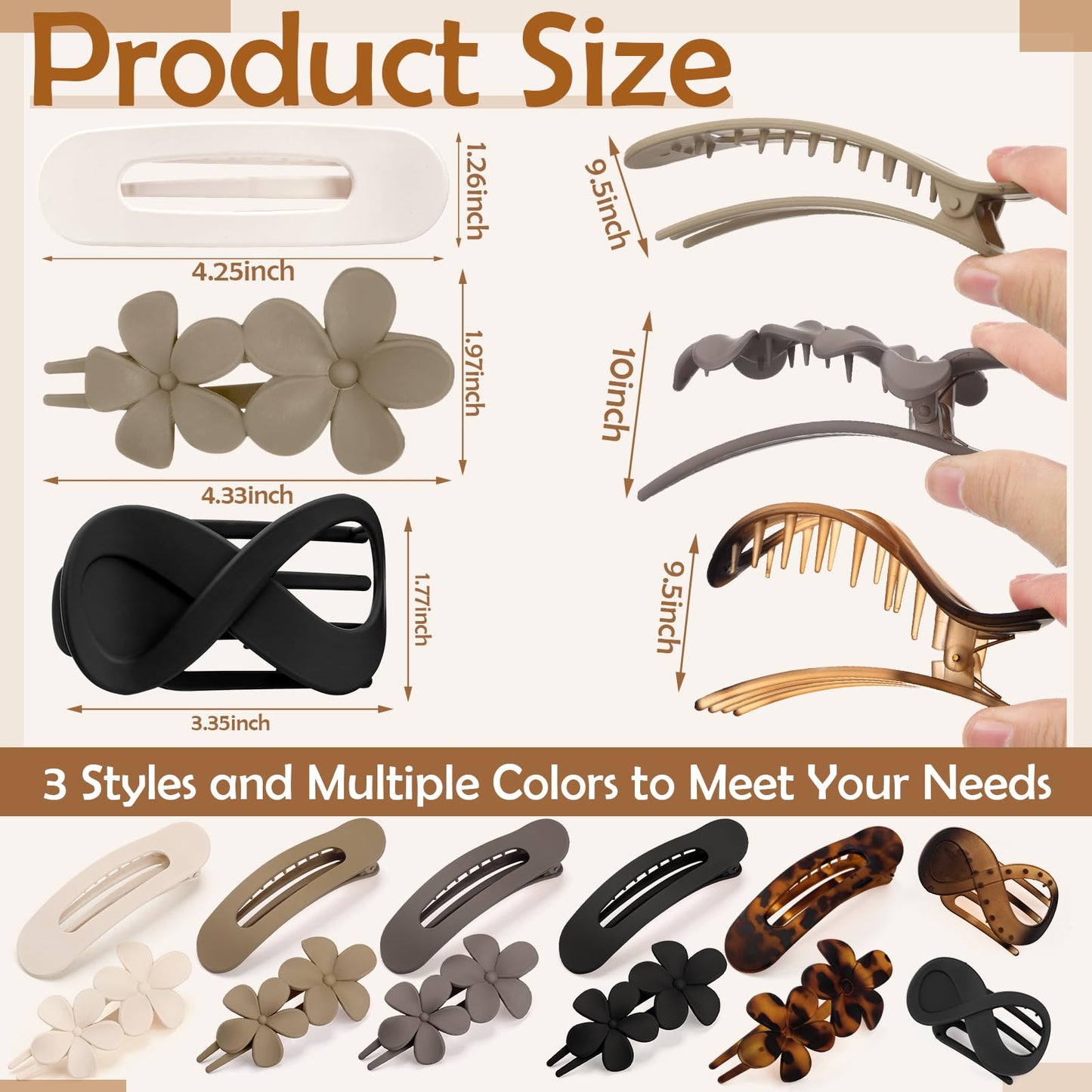 12 Pcs Flat Hair Clips for Women, Lay Flat Claw Clips French Concord Hair Clips, 3 Styles No Slip Matte Claw Clips for Thin Thic