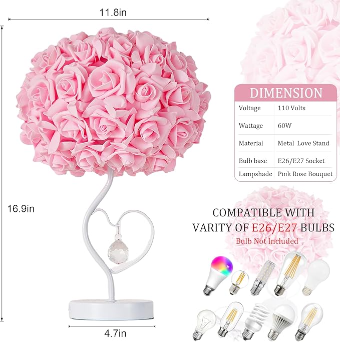 Pink Rose Flower Bedside lamp Princess Table lamp Flower Lamp for Nightstand Desk Light for Bedroom Women Girl Dating Gifts Party Wedding Decor Living Room Restaurant Office