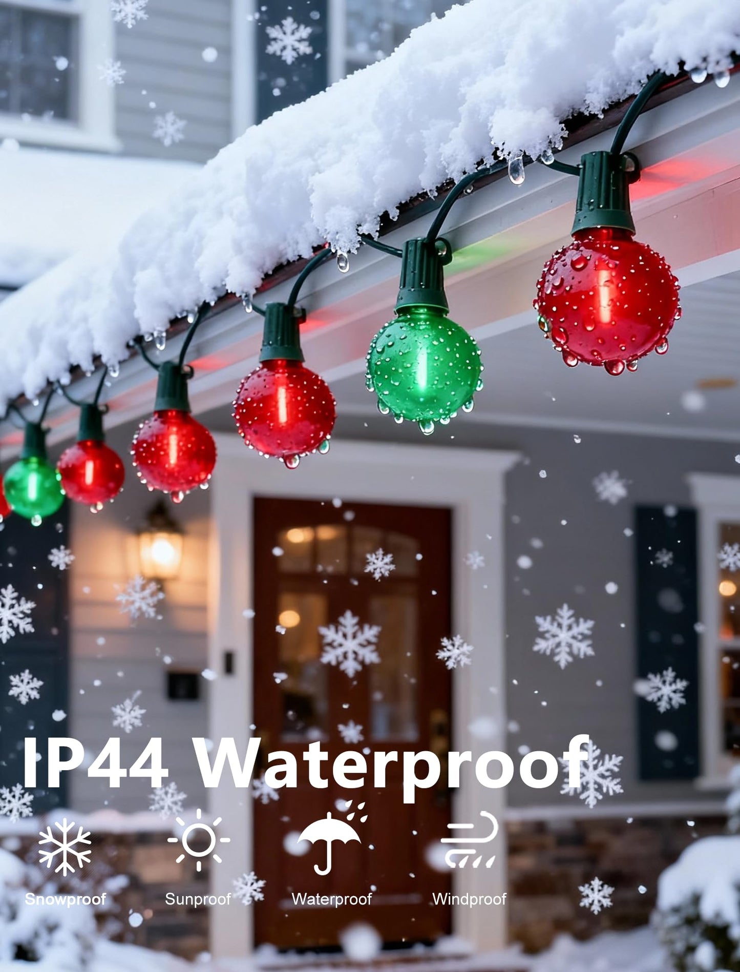50Ft Clear Red And Green Outdoor Led Lights G40 Globe Patio Christmas String Lights With 25 Ceramic Colorful Bulbs(2 Spare) Outside Christmas Hanging Lights For Christmas Tree Roofline Holiday Party