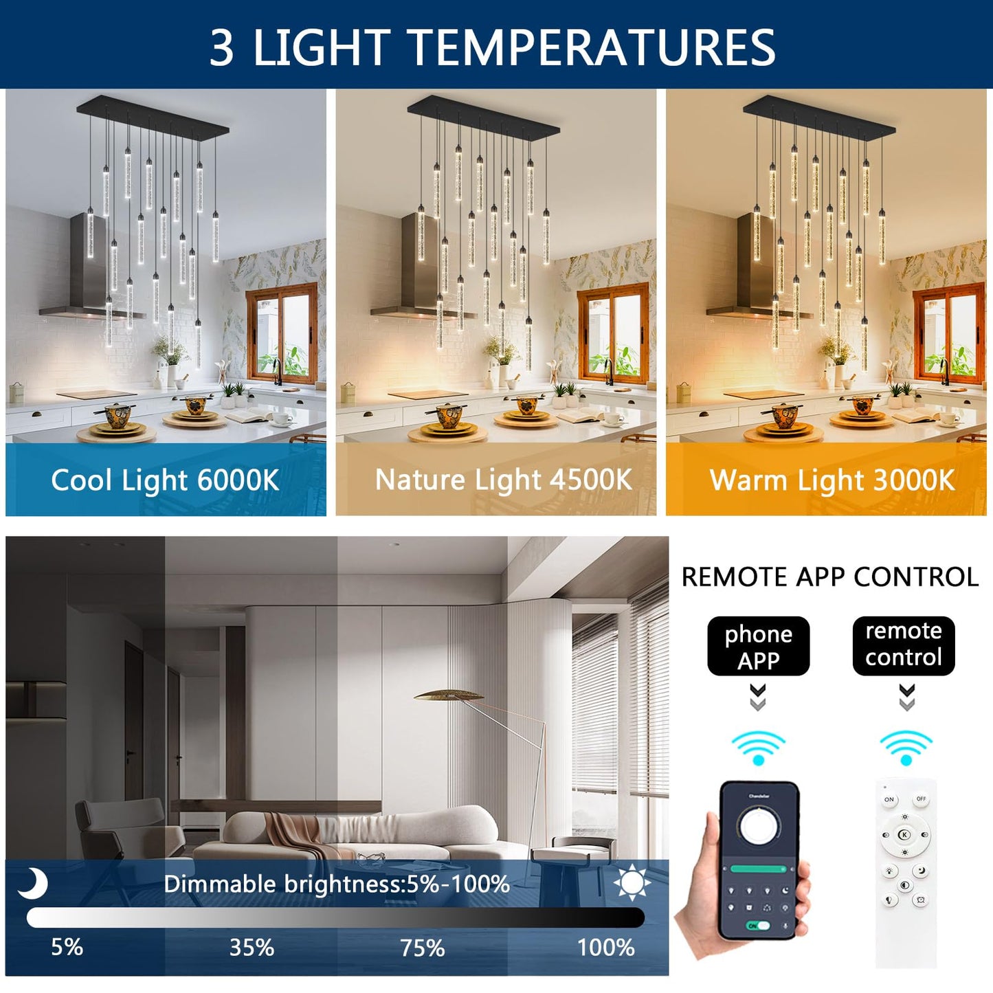 Rectangular Chandeliers 17-Lights Long Light For Entryway Led Dimmable Chandeliers Lighting Fixture Flat Sloped High Ceiling Pendant Lights Crystal For Living Room Foyer Hallway Staircase Black