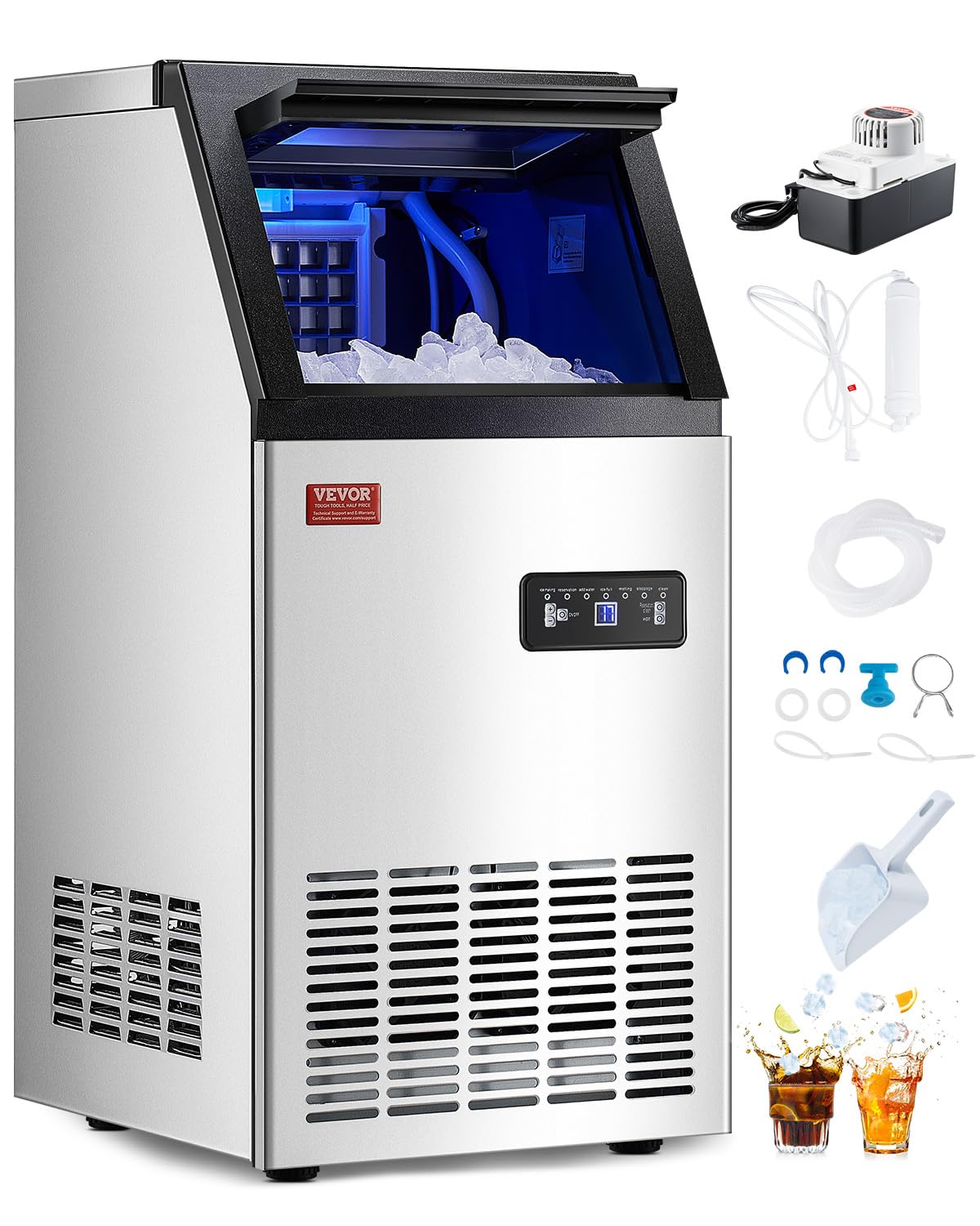 Vevor 80Lbs/24H Commercial Ice Maker Machine With Drain Pump, 28Lbs Storage Capacity Ice Maker, 36 Ice Cubes In 15 Minutes, Led