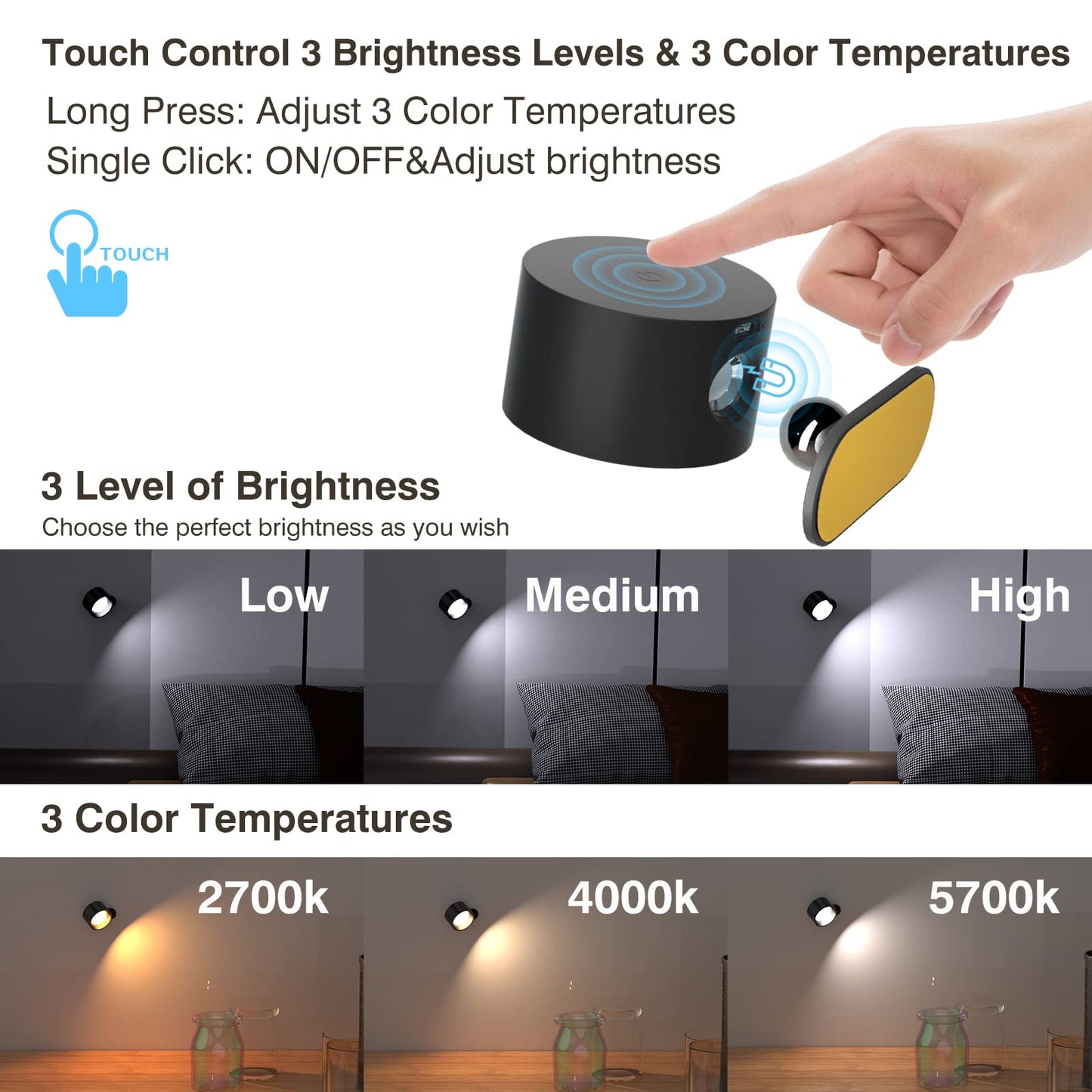 Koopala Rechargeable LED Wall Sconce, Cordless with Remote, 3 Brightness Levels, 360? Swivel, Wood Grain Color, Model KP-DS126PRO-2PCS-W