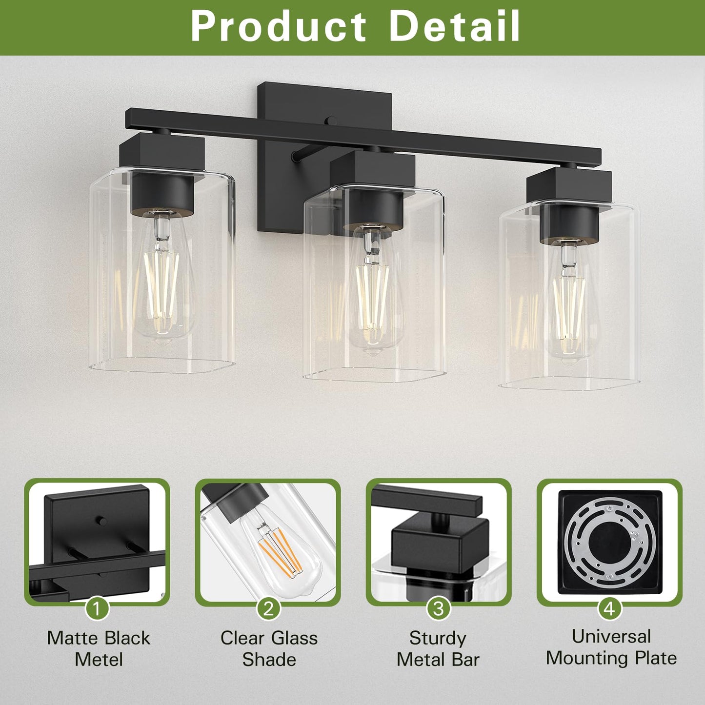 Espird Matte Black Bathroom Vanity Light, 3-Light Vanity Lighting fixtures Over Mirror, Square Design & UL Certification, Wall Sconces with Clear Glass Shades, E26 Socket (Bulbs Not Included)