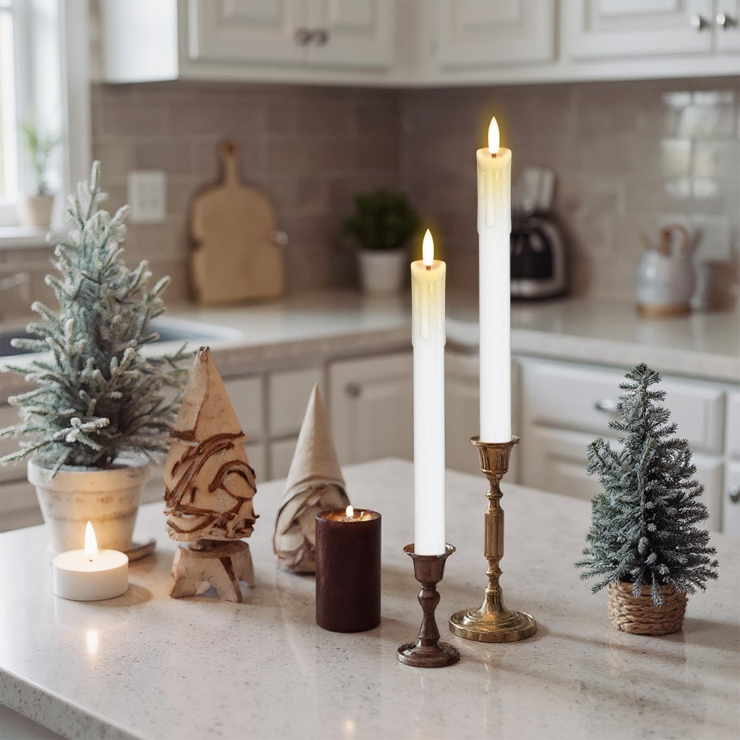Lasumora Rechargeable Flameless Taper Candles with Charging Station & Remote Timer, 6 Pcs Real Wax LED Taper Candles, Battery Operated Candlesticks for Home Wedding Christmas Decorations (White)