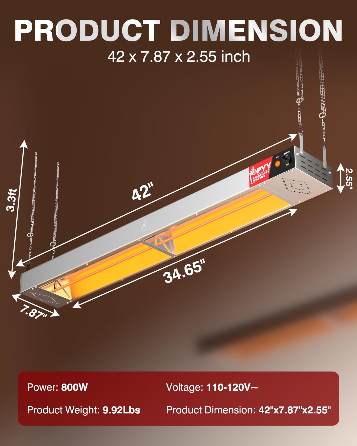 PYY Food Heat Lamp-42 Inch Commercial Grade Infrared Food Warming Lamp, Pass-Through Stations Heating, Stainless Steel Food Warming Light for Cafeteria Restaurants Kitchen, 850W