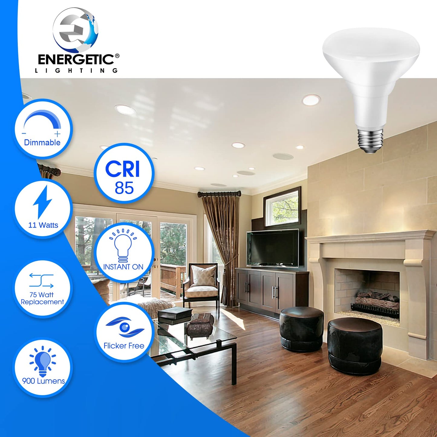 Energetic Br30 Dimmable Led Light Bulb, 11W=75W, 900Lm, Warm White 3000K, 6-Pack, Ul Listed, Model Yga