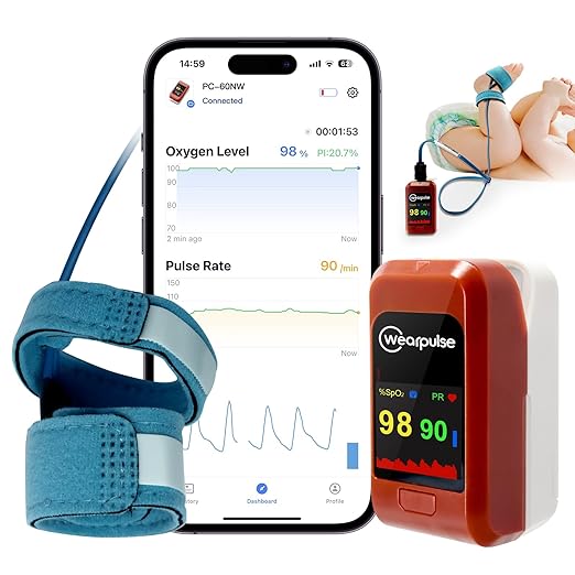 Wearpulse Kids Oxygen Monitor, Infant Fingertip Pulse Oximeter Tracks Adult and Child's SPO2 & Pulse Rate, Toddler Foot O2...