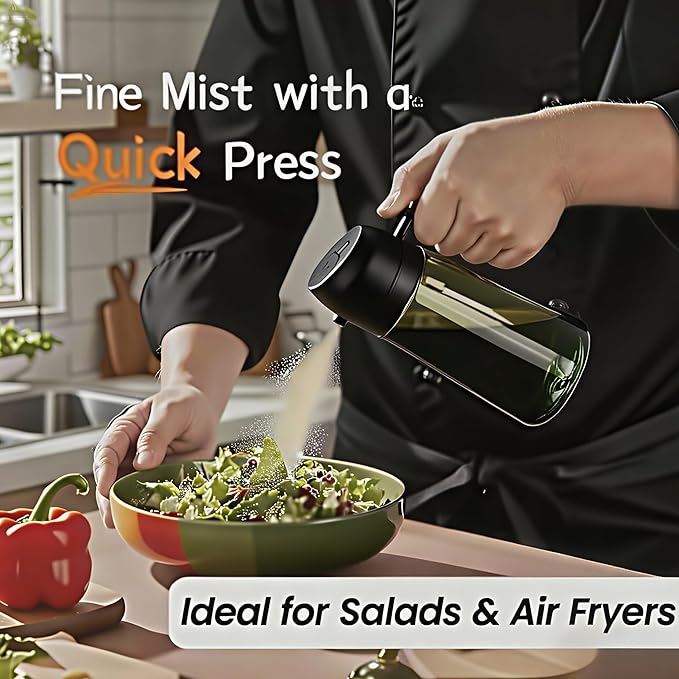 16oz/470ml Glass Olive Oil Sprayer for Cooking, 2 in 1 Oil Dispenser for Kitchen Spray and Pour, Premium Light-Blocking Oil Bottle, Food-Grade Spray Bottle, for Salad, Air Fryer, BBQ (Green)