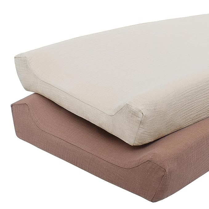 Owlowla Muslin Changing Pad Cover 2PACK,Soft Muslin Cotton Diaper Changing Pad Covers Changing Table Cover for Baby Boy Girl(Natural&Caramel)