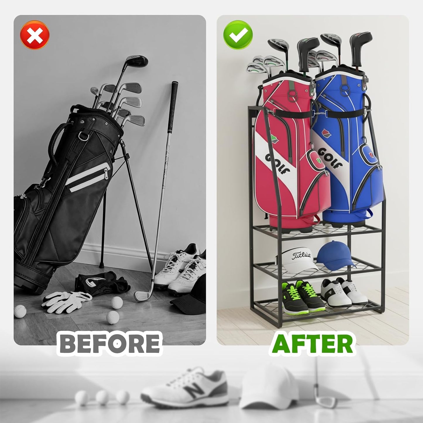 Wall Mount Golf Bag Organizer for Garage, Heavy Duty Golf Storage Rack Holds 2 Bags, Freestanding Golf Bag Stand and Accessories Holder for Home & Shed
