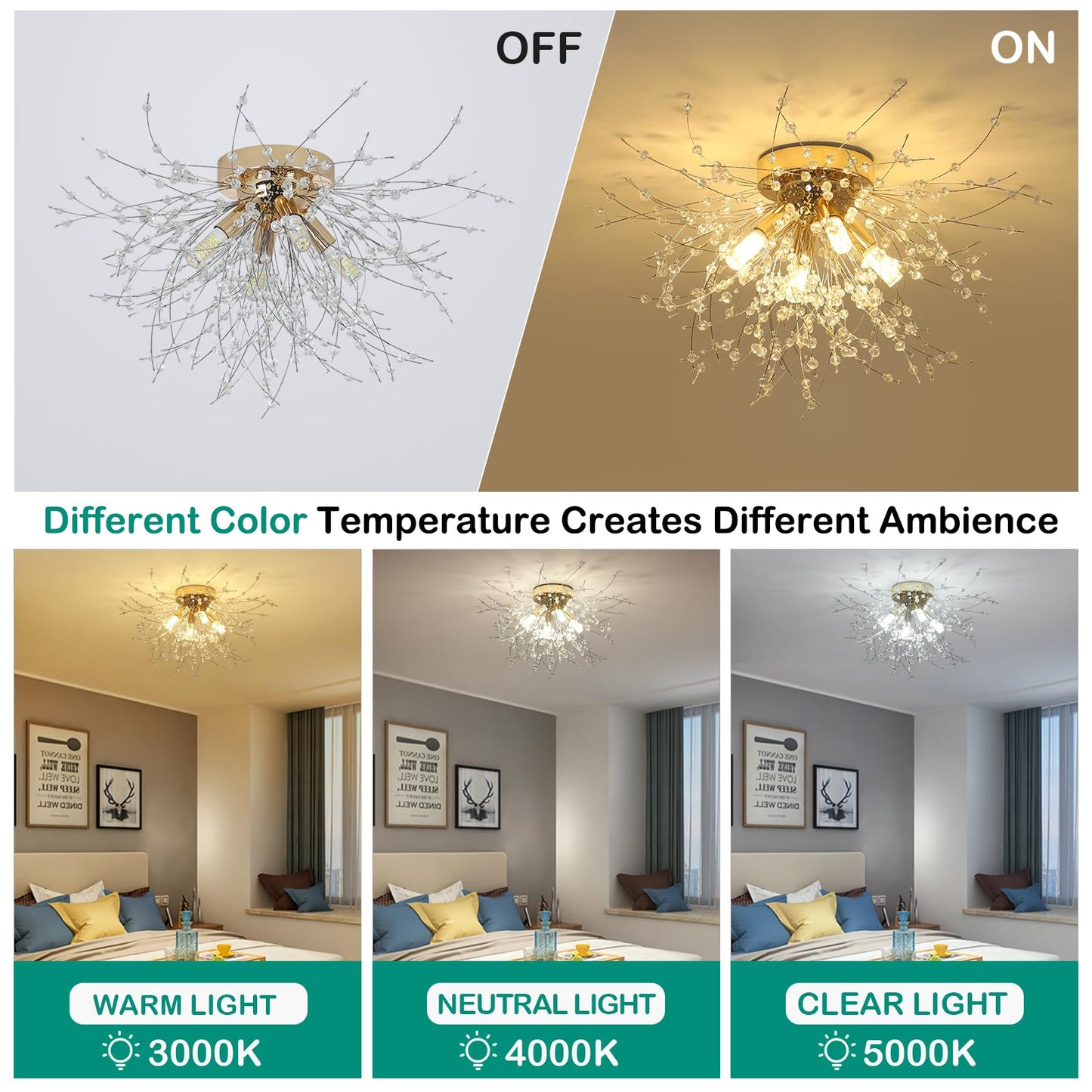 HMVPL Gold Crystal Flush Mount Ceiling Light, 4-Light Brass Mini Chandelier, K9 Crystal, Model 230401B1