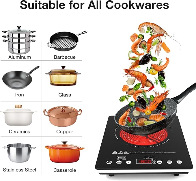 Portable Electric Cooktop, 1800W Single Burner Electric Stove with Touch Control, Child Safety Lock, Timer, 9 Power Level, Overheat Protection, Compact Induction Cooktop for Home Dorm Office