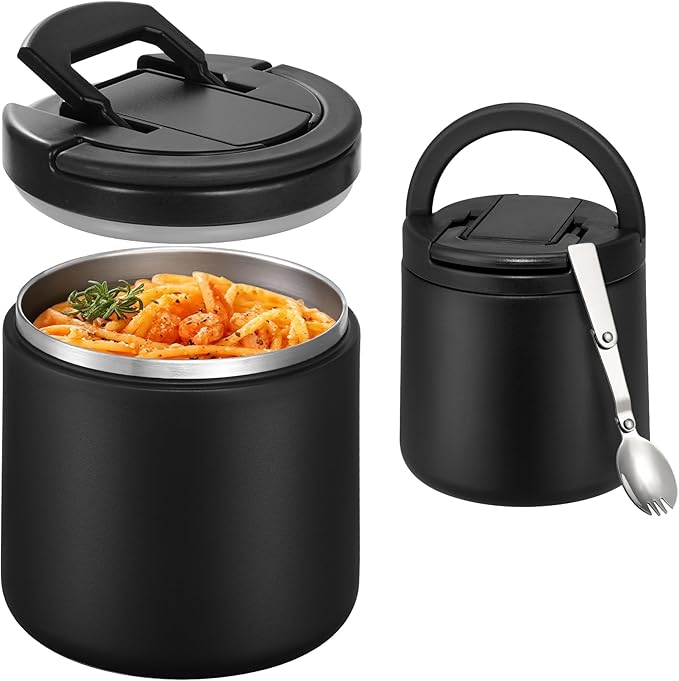 Kids Thermo for Hot Food 20oz Lunch Containers with Buckle Lid Wide Mouth Hot Food Jar Vacuum Insulated Stainless Steel Bento Box Leakproof with Spoon(Black)