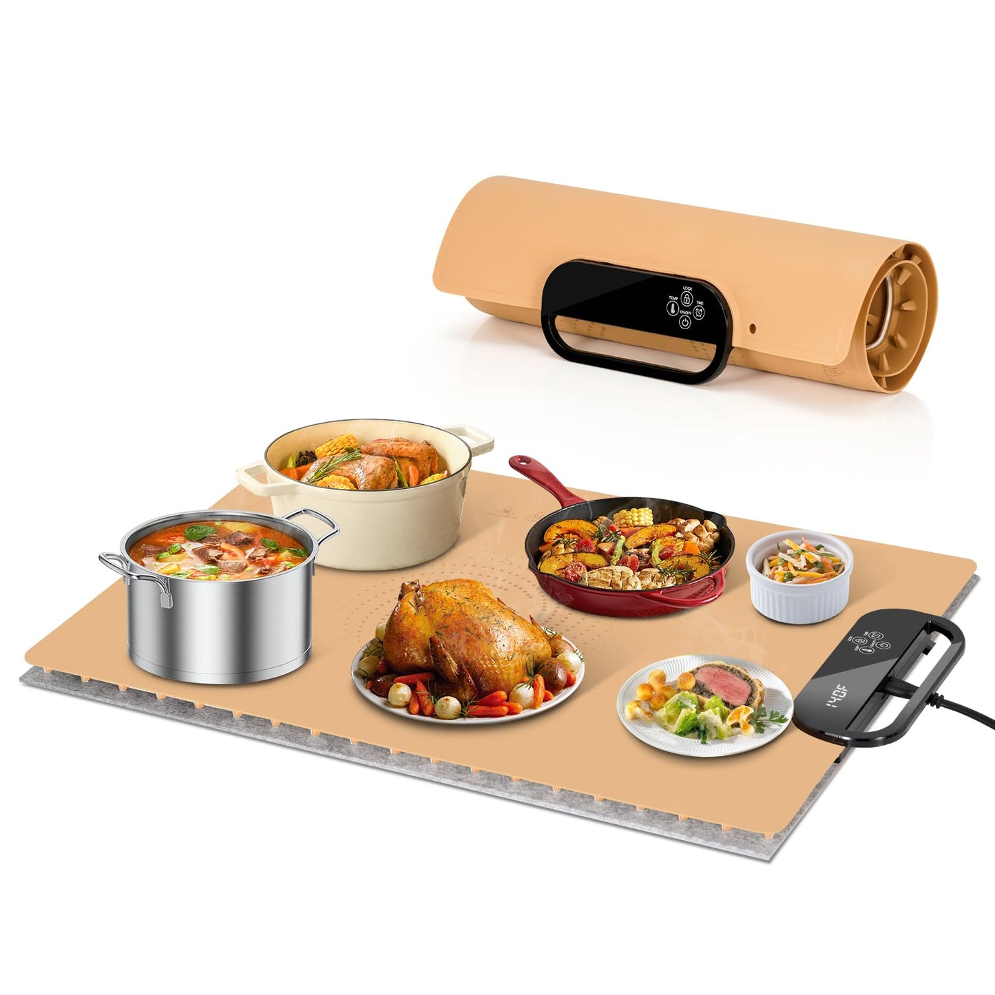 Food Warming Mat – Fast Heating Electric Warming Tray with 7 Temp Settings, 11-Hour Timer & Auto Shut-Off, Foldable Silicone Mat with Child Lock, Portable Warming Pad for Buffets, Holidays – Brown
