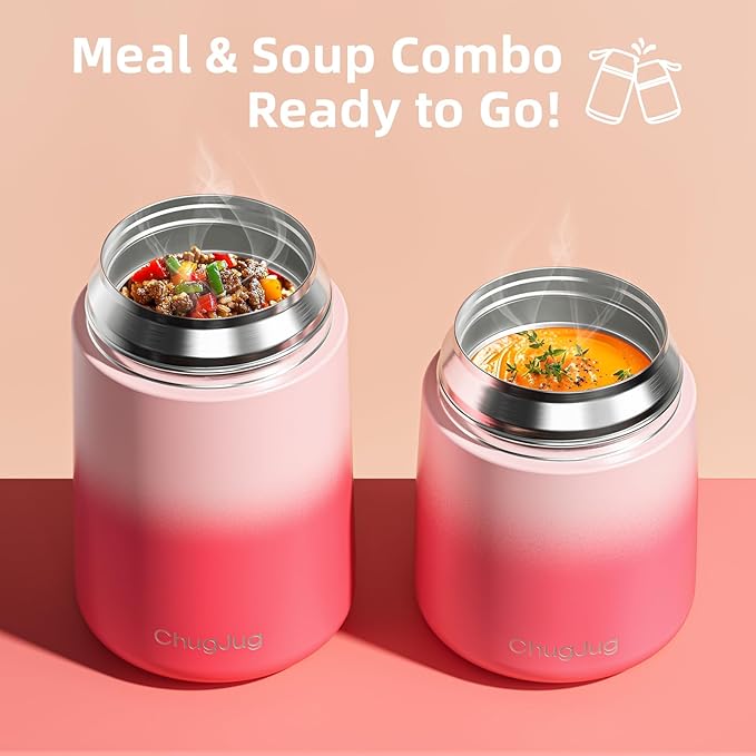 2 Pack Soup Thermo for Hot Food for Adults Kids, Vacuum Insulated Food Jar, Lunch Thermo Food Container for School Office, Cute Travel Food Flask with Spoon(26 oz,18 oz) (Pink)