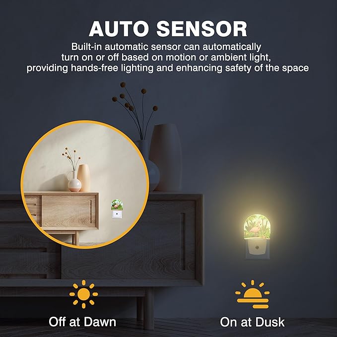 Night Light, Pink Flamingo on Tropical Island Night Lights Plug into Wall Dusk to Dawn Sensor Round Nightlight for Women Men Energy Efficient Led Lamp 0.5W for Stairway Hallway Bedroom