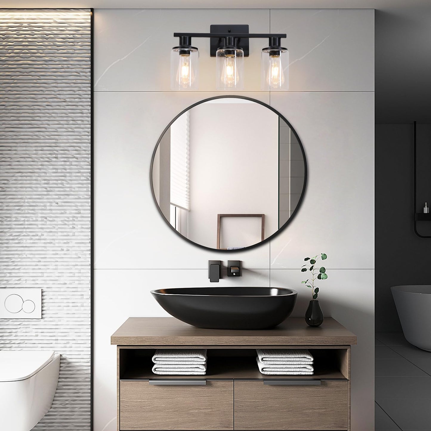 Matte Black Bathroom Light Fixtures Over Mirror 3-Light Bathroom Vanity Light With Clear Glass Shade Modern Farmhouse Wall Sconces Lighting For Mirror Kitchen Living Room Cabinet