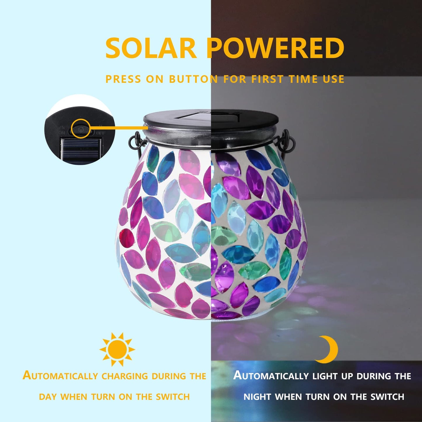 Afirst Mosaic Solar Lantern - Glass Hanging Light, Waterproof Table Lamp for Garden & Patio, Model 4431910B, Leaf Color