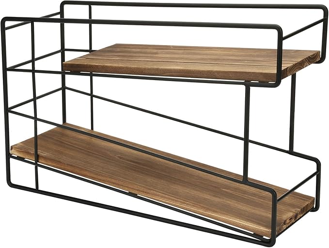 MyGift 2 Tier Rustic Solid Burnt Wood Front Loading Can Dispenser Rack with Black Metal Wire Frame for Canned Food, Soda Pop, Pantry Storage Organizer Rack