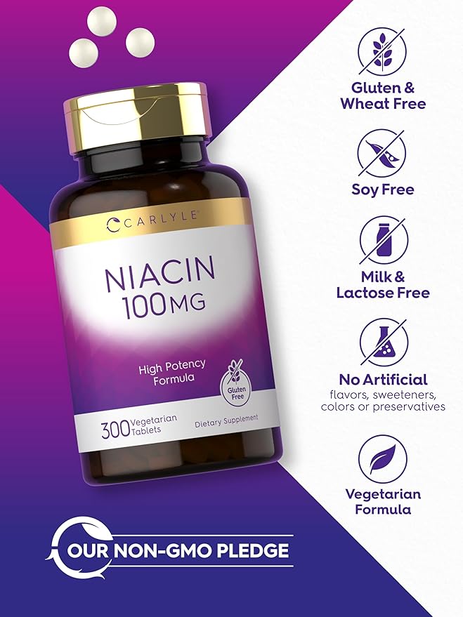 Carlyle Niacin 100mg | 300 Vegetarian Tablets | Non-GMO, Gluten Free | High Potency Formula