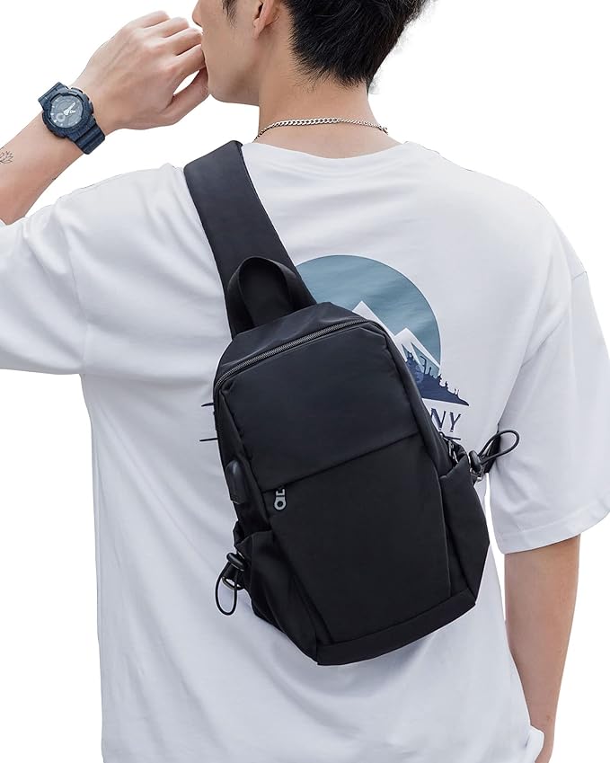 SEAFEW Small Black Sling Crossbody Backpack Shoulder Bag for Men Women, Lightweight One Strap Back Pack Sling Bag Backpack for Hiking Walking Biking Travel Cycling USB Charger Port-Nylon