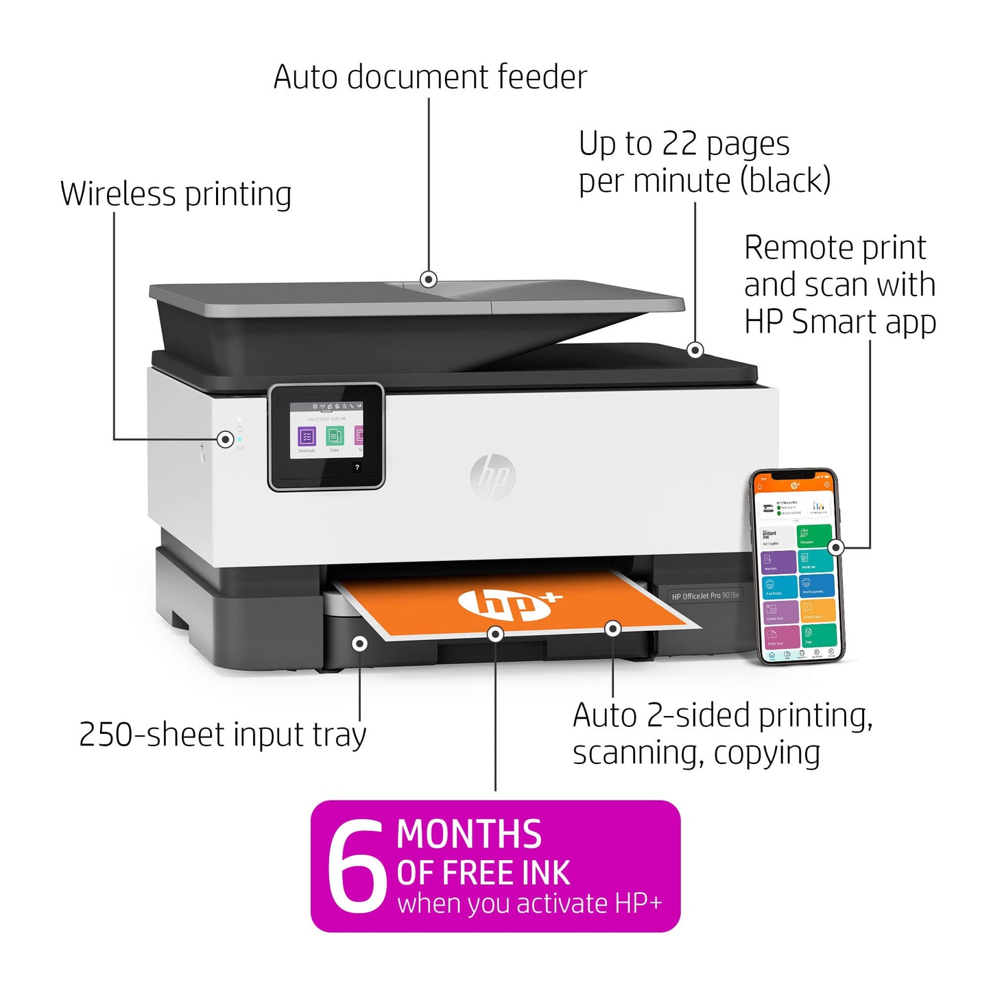HP OfficeJet Pro 9015e Wireless All-in-One Printer, Gray - Includes 6 Months Instant Ink, Model 1G5L3A, Standard Size