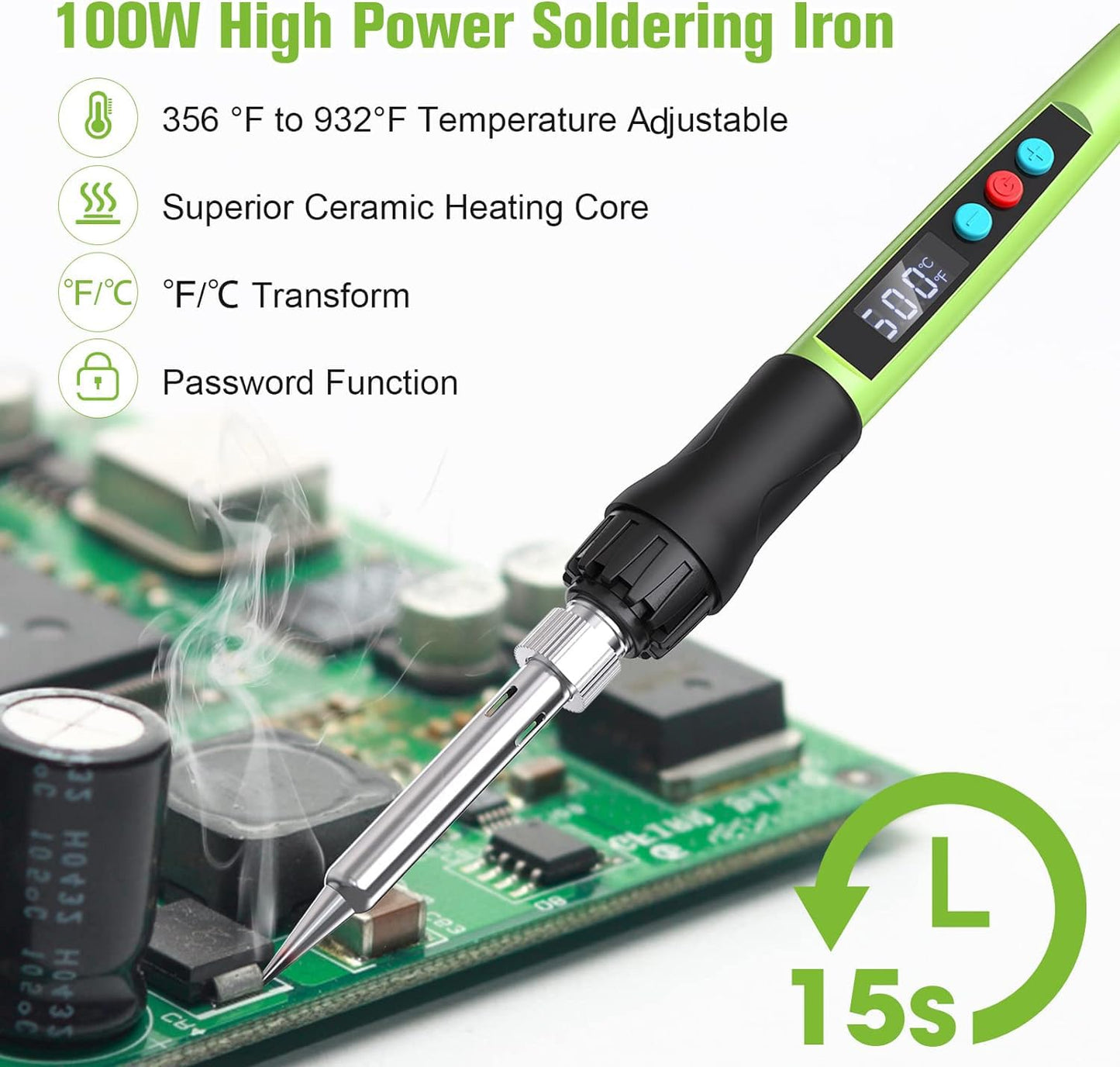 Soldering Iron Kit, 100W LED Digital Solder Gun kits with Ceramic Heater, Adjustable Temperature Welding Tools with Tips, Wick Braid, Stand, Solders Wire, Sponge, Flux Paste
