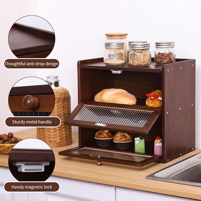 Double Layer Large Bread Box for Kitchen Counter, Wooden Bread Storage Container with Acrylic Window (brown)