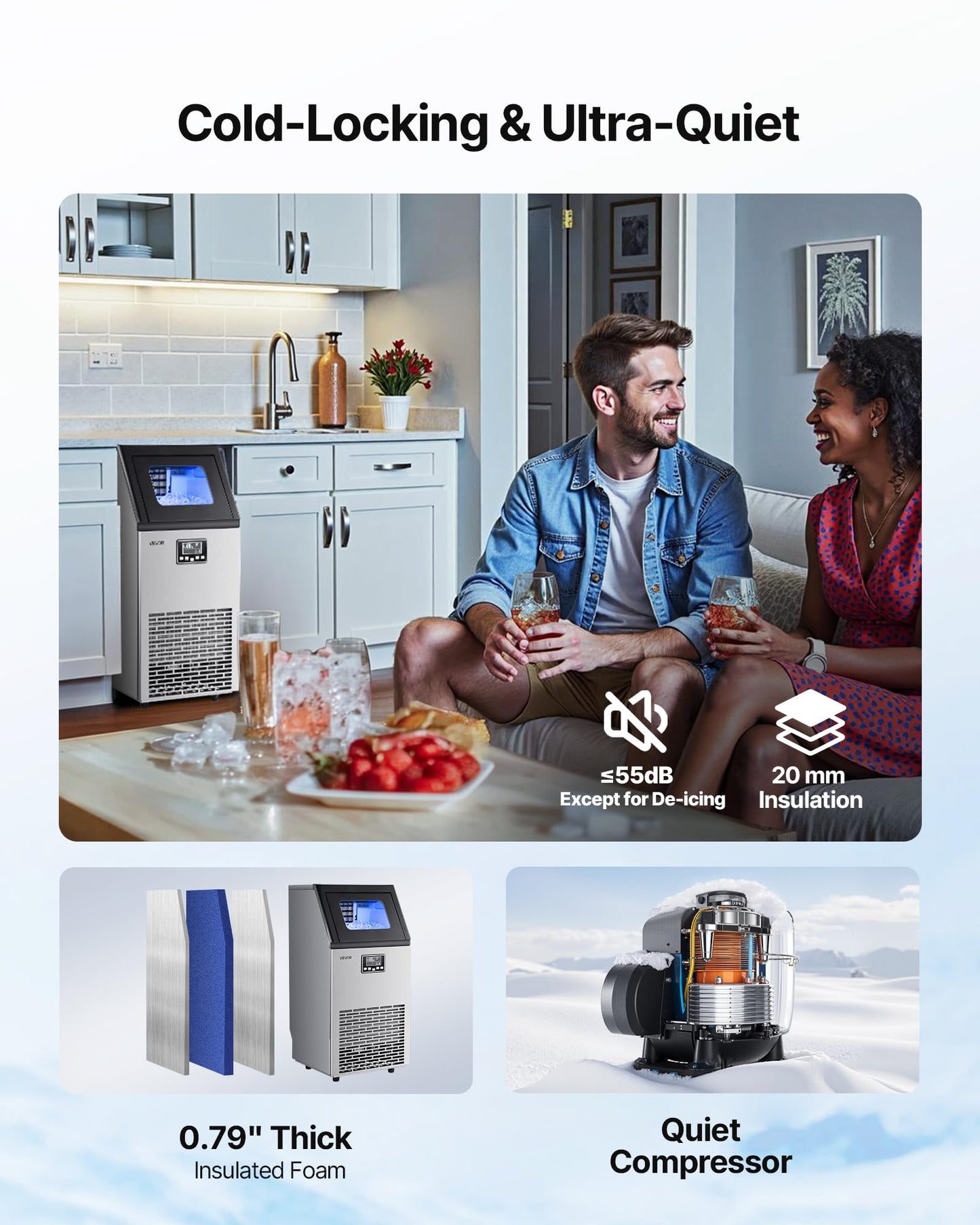 VEVOR Commercial Ice Maker Machine with 2 Water Inlets, 120 lbs/24h with 28Lbs Storage, Stainless Steel Freestanding & Under Counter Ice Maker with LED Display & Self-Cleaning, for Home Bar Restaurant