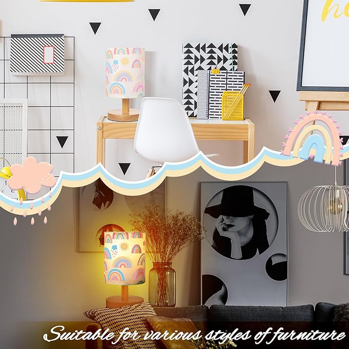 VIHOSE Rainbow Kids Table Lamp for Bedroom Kids Bedside Lamp with Linen Wooden Nightstand Cartoon Nursery Lampshade for Girls Boys Living Room