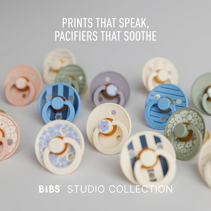 BIBS Pacifiers - Studio 2 Pack | Round Nipple Baby Pacifier | BPA Free Natural Rubber Latex Soother | Made in Denmark | Size 0+ Months | Pin Ivory Steel Blue