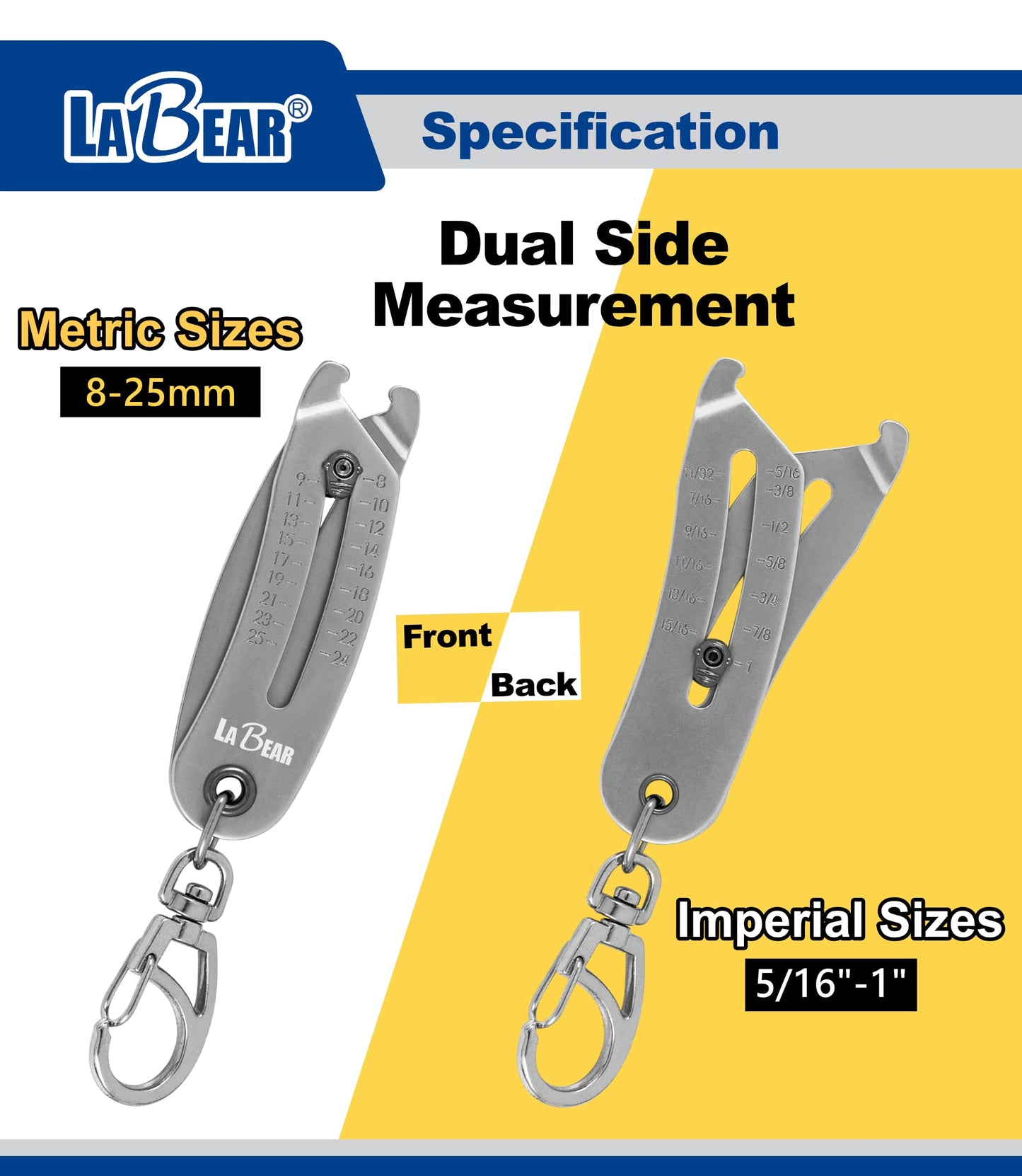 LABEAR Elite Nut and Bolt Size Identifier Keychain, Pro-Grade SAE & Metric Thread Gauge (8-25mm, 5/16"-1") Heavy-Duty Steel Fastener Checker & Wrench Size Finder, Permanent Stamped Markings