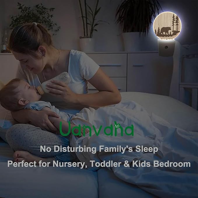 Bear Night Lights Plug into Wall Wildlife Cute Brown Bear Trees Woods Silhouette Night Light Dusk to Dawn Sensor LED Lighting for Bedroom Bathroom Living Room
