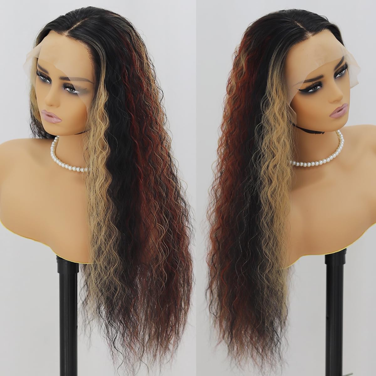 SISIFIRE Burgundy Highlight Lace Front Wig Preplucked Water Curly Wave Synthetic Lace Front Wigs for Women Heat Resistant Fiber