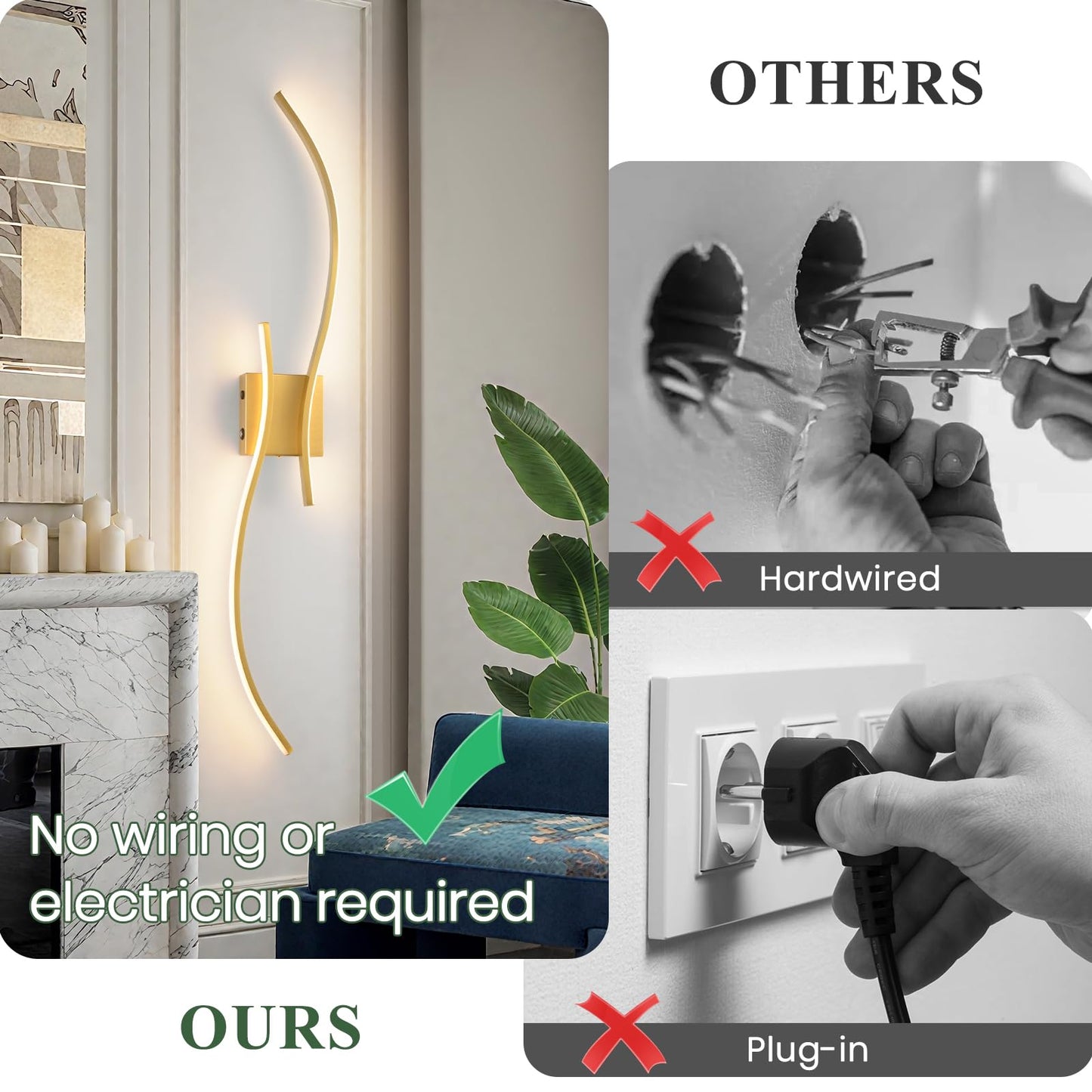 CANEOE Wall Sconce Set of 2, 18000mAh Rechargeable LED Lights, Dimmable 3000K-6000K, 39.37 Inch, Gold,