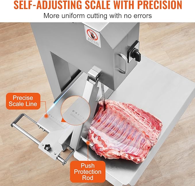 VEVOR Commercial Electric Meat Bandsaw, 2200W Stainless Steel Vertical Bone Sawing Machine, Workbeach 24.4" x 20.5", 0.16-8.7 Inch Cutting Thickness, Frozen Meat Cutter with 6 Blades for Rib Pork Beef