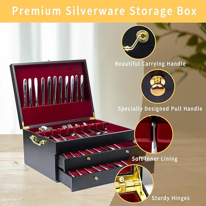 Silverware Storage Box,3 Layers Wooden Silverware Chest Case with Drawer,15.35" x 11.41" Flatware and Utensil Organizer for Kitchen(Flatware Not Included) (Black)