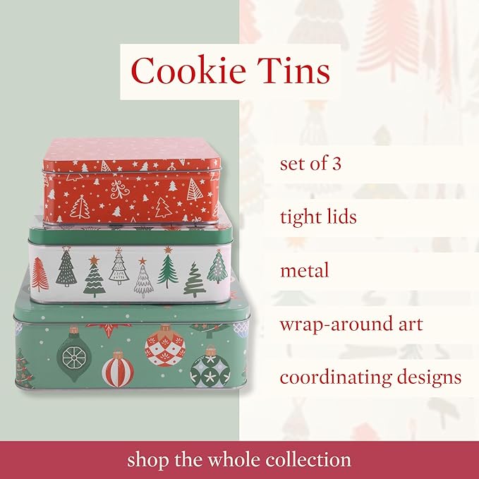 Steel Mill & Co Tin Containers with Lids, 3 Pack Christmas Cookie Tins, Festive Cookie Tins for Gift Giving & Holiday Treats, Square Metal Nesting Containers, Ornaments and Trees