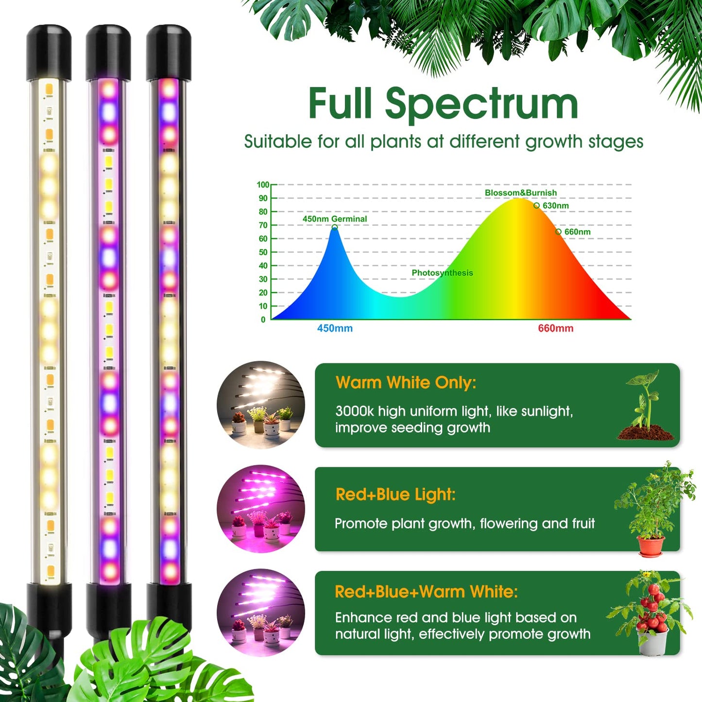 Wolezek Grow Lights for Indoor Plants, 5-Head LED, Adjustable Stand, 2 Pack, Full Spectrum, Red & Blue, Model BL-C100G