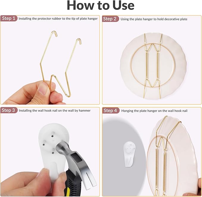 10-Pack Invisible Wall Plate Hangers, 8 Inch Brass Plate Holders with 12-Pack Wall Hooks