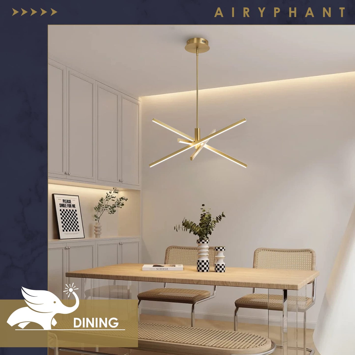 Airyphant Gold Modern Led Chandelier  Dimmable 4 Lights Ceiling Pendant Lighting For Dining Room Living Room Kitchen Island Bedroom Foyer 3000K/4000K/5000K 3Cct Selective  27.76In