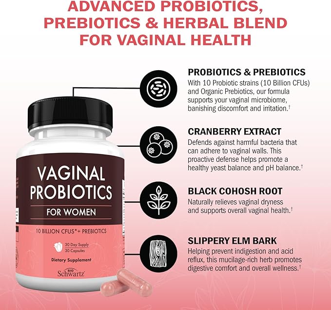 BioSchwartz Vaginal Probiotics for Women Supplement with Prebiotics Lactobacillus Crispatus - Supports Women's Health by Promoting Healthy Vaginal Odor, Flora, PH Balance - 30 Day Supply, 30 Capsules